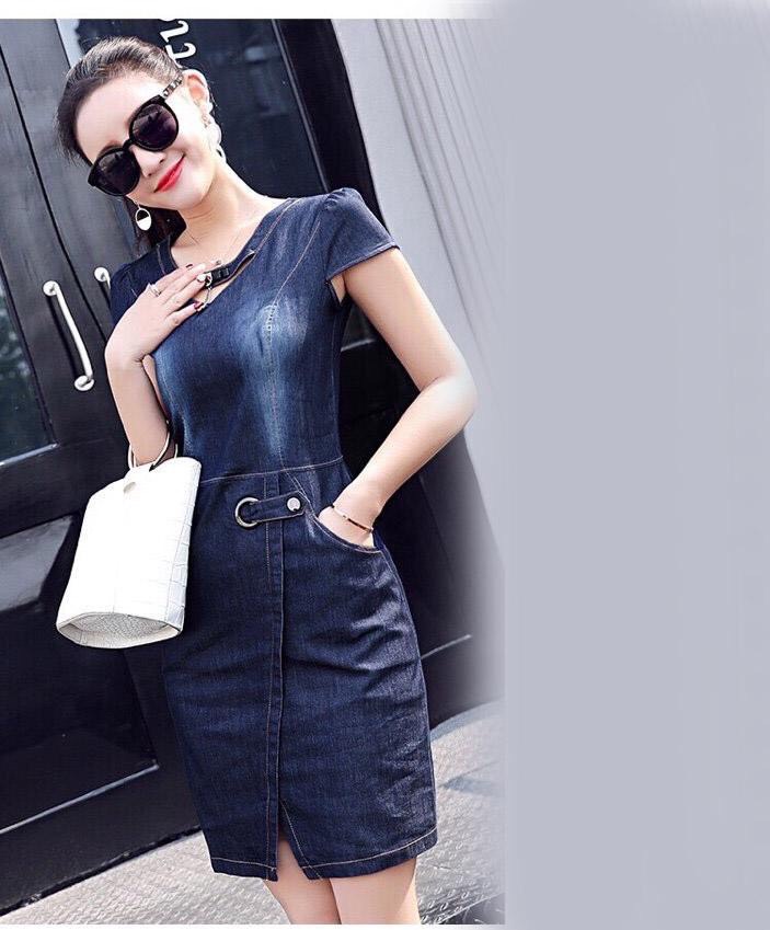 ĐẦM JEAN CỔ TIM ĐÍNH NƠ XẺ TÀ XÉO
